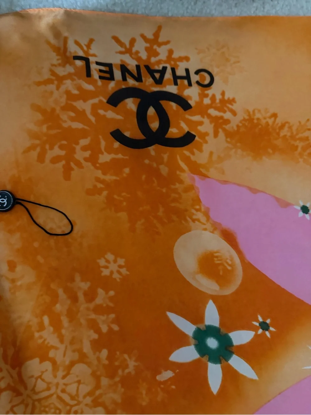 CHANEL Orange Floral & Butterfly Silk Scarf 69X33